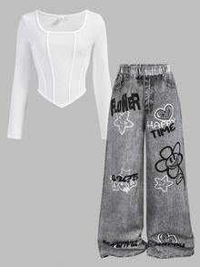 SHEIN Girlism 少女休闲街头风修身不对称下摆长袖上衣搭配宽松阔腿牛仔印花涂鸦图案裤子两件套，返校季，甜美酷炫女孩，时尚个性 - 白色 - 查看 11