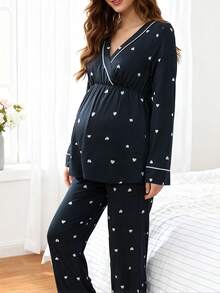 Moonlight&Mama 2pcs Heart Print Trim Nursing Maternity Long Sleeve Pajama Set