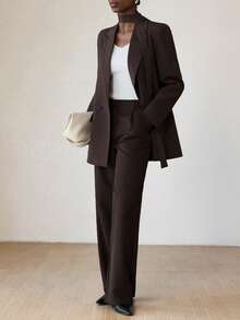 Aveloria Modichic Women's Lapel Collar Loose Long Sleeve Blazer And Wide Leg Pants Suit Set - Coffee Brown - View 6