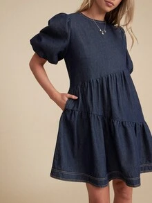 WESTFADE 泡泡袖不对称层叠圆领宽松娃娃牛仔迷你连衣裙 - 深色水洗藍 - 查看 2