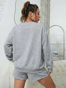 Conjunto de 2 piezas para mujer con estampado de Brooklyn, sudadera y shorts, ropa casual y cómoda para estar en casa, conjuntos de dos piezas para mujer - Gris - Ver 4