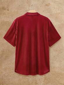 EASEVO 加大码男士休闲条纹短袖衬衫，夏季男士衬衫，红色男士高档衬衫，男士夏季纽扣衬衫 - 紅色 - 查看 7