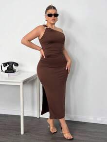Truni Plus Size Women's Solid Color Sleeveless Ruched Fitted Elegant Dress/Autumn /Winter - Brown - View 7