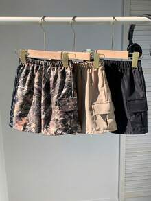 SHEIN 3pcs/Set Kids/Tween Boys' Casual Versatile Comfortable Camo & Solid Color Patch Pocket Loose Woven Shorts, Suitable For School, Garden, Beach, Birthday, Spring/Summer/Fall/Winter - Multicolor - View 7