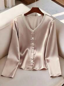 Franclia Chic Plus Size Champagne Long Sleeve Blouse With Pearl Trim V Neck And Button Front Design - Champagne - View 1