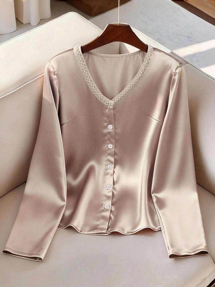 Franclia Chic Plus Size Champagne Long Sleeve Blouse With Pearl Trim V Neck And Button Front Design - Champagne - View 1
