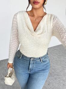 Firerie 大码女式纯色圆领长袖休闲T恤 - 杏色 - 查看 5