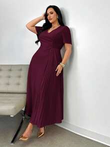 Firerie 大码女式舒适休闲优雅褶皱宽松弹力短袖连衣裙，适合约会、派对、春夏飘逸连衣裙、女士正式礼服 - 紫色 - 查看 5