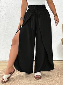 SHEIN Frenchy 大码女式纯色腰带开衩阔腿裤 - 黑色 - 查看 2