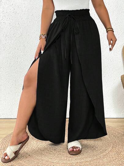 SHEIN Frenchy Pantalones de pierna ancha con abertura y lazo en la cintura para mujer de talla grande de unicolor