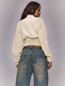 MUSERA Áo khoác dáng ôm cổ cao cài nút, eo bo thun, thích hợp mặc mùa đông, đi chơi hàng ngày, đi chơi tối, phong cách thường ngày, cá tính, đường phố. - Màu be - Xem 4