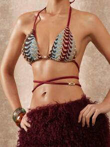 Lumalex Women's Burgundy Luxury Hand-Woven Textured Triangle Bikini Set,Adjustable Halter Neck,Wrap-Around Waist Tie,High-Cut Brazilian,Boho Summer Holiday - Multicolor - View 7
