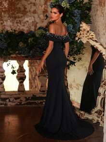 Glamrae 优雅黑色高弹针织极简露肩奢华手工串珠高腰修身美人鱼尾拖尾正式礼服，适合所有正式场合，正式晚礼服 - 黑色 - 查看 4