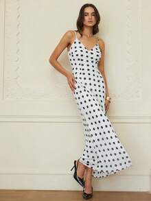 Revavyn 优雅波点雪纺深V领无袖连衣裙，适合工作和日常穿着。 - 黑與白 - 查看 6