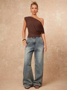 Lumalex 新款高端女士休闲日常通勤优雅纯色腰部不对称肩部褶皱优雅上衣，秋季/商务休闲 - 棕色 - 查看 4