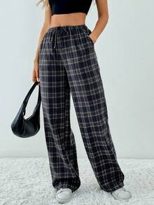 SHEIN Tall Plaid Printed Drawstring Waistband Slanted Pocket Loose Casual Wide Leg Pants - Navy Blue - View 6