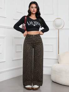 SHEIN ICON Women's High Waist Leopard Print Pocket Wide Leg Loose Casual Denim Pants - Multicolor - View 5