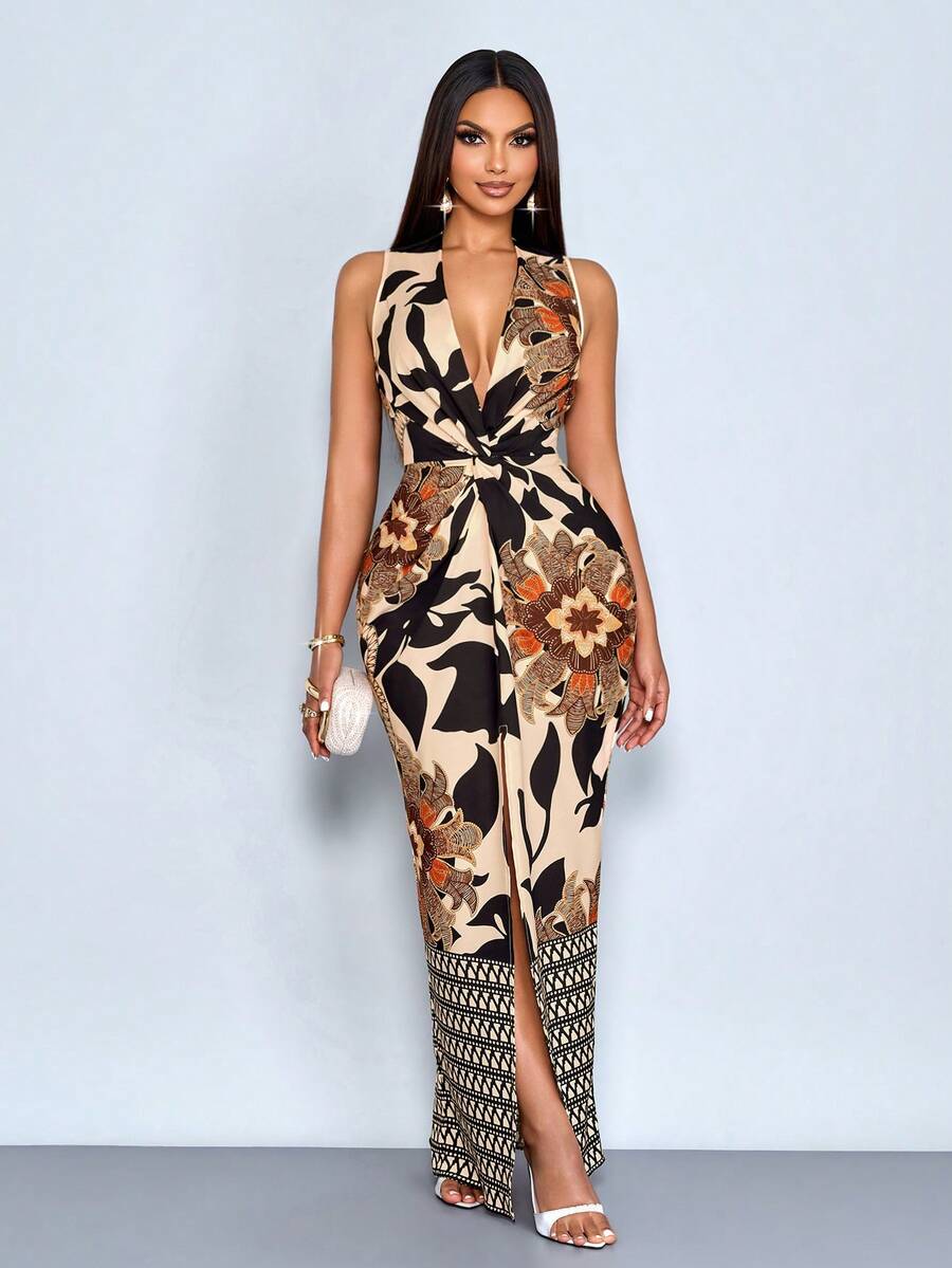 Women's Elegant Chain Print Deep V-Neck Twist Design High Slit Thigh Sleeveless Maxi Dress,Lightweight Spring-Summer Holiday Outfits - Black - View 1