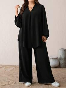 SHEIN Essnce Plus Size Casual Black Woven Fabric Pants Suit Set For Women Long Sleeve Tunic And Long Pants Co-Ord - Black - View 5