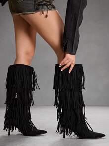 CUCCOO SZL Women's Pointed Toe Fringe Design Fashionable Elegant High Heel Knee-High Boots Valentine's Day - Black - View 10