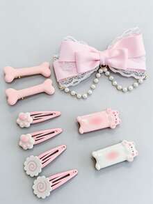ROMWE Kawaii 9款随机款式可爱发夹，包括猫爪、蝴蝶结、鱼饼、骨头等造型，猫形发夹组合，粉色洛丽塔亚克力发饰，适合日常佩戴、约会佩戴 - 粉色 - 查看 3