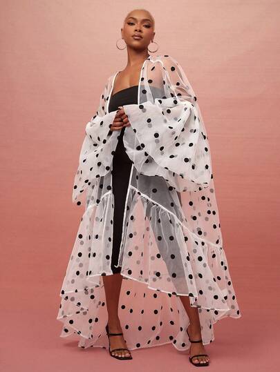 Vixey Sheer Polka Dot Organza Ruffle Maxi Duster