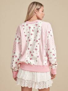 WESTFADE 圆领长袖蝙蝠袖花卉条纹混搭印花宽松卫衣，适合秋季、冬季、圣诞节、节日、新年、新年、波西米亚风、休闲场合。 - 彩色 - 查看 4