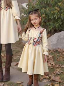 Leap Crew Nova Glow撞色拼接腰部褶皱胸部可调节肩带前褶皱长袖方领中长连衣裙，适合居家和户外活动，秋冬季节，波西米亚风格 - 杏色 - 查看 1