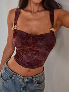 Aloruh Women's Burgundy Summer Elegant Draped Neck Metal Buckle Decor Jacquard Knit Cropped Tank Top,Seductive Party Night Tops - Burgundy - View 2