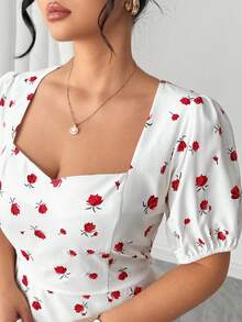 Elenzga Đầm maxi dáng chữ A tay phồng cổ vuông in hoa hồng dành cho nữ cỡ lớn, kiểu dáng cổ điển thanh lịch ngọt ngào lãng mạn, thích hợp cho hẹn hò, dự tiệc, kỳ nghỉ, đi biển, mùa xuân/hè. - Đỏ và trắng - Xem 5