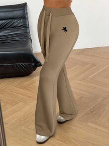 SHEIN EZwear Pantalones acampanados con bordado marrón café para mujer - Café integral - Ver 6