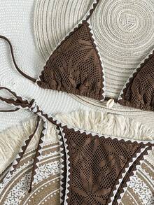 Swim Vcay Solid Color Triangle Wireless Bra Halter Neck Shell Decor Ruffle Trim Top And Side Tie Swim Bottoms Women Beach Vacation Swimwear Set, Spring/Summer Boho Bikini Set - Coffee Brown - View 3