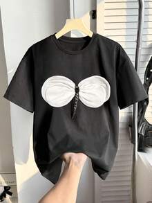 SHEIN 少女蜻蜓图案黑色圆领短袖休闲百搭T恤 - 黑色 - 查看 6