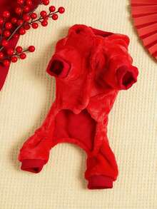 PETSIN 1件宠物服装，刺绣龙纹猫狗新年服装，秋冬保暖连体衣 - 紅色 - 查看 6