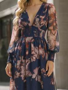 EMERY ROSE Robe élégante pour femmes avec col en V profond, tricot torsadé, taille fluide, imprimé floral semi-transparent et manches évasées - Multicolore - Voir 3