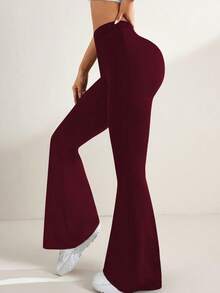 Easithlete 女士纯色修身高腰喇叭裤舒适透气瑜伽裤 - 酒紅色 - 查看 7