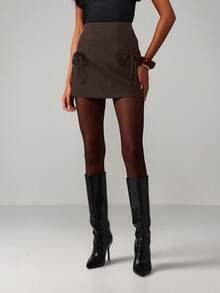 MISSGUIDED High Waisted Side Tie Mini Skirt With Bow Detail And Pockets A Line Silhouette Autumn Winter Fashion