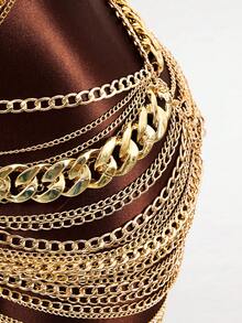 Mistrie Women's Sexy See-Through Chain Rhinestone 2 Pieces Set, Autumn/Winter - Gold - View 4