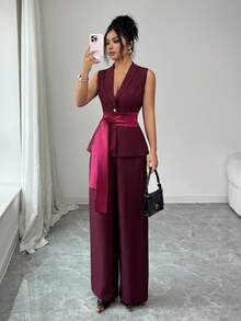 Elenzga Bộ trang phục thanh lịch và tinh tế dành cho nữ, gồm áo sơ mi không tay cổ chữ V màu đỏ tía, cài một hàng khuy, có thắt lưng, kết hợp với quần ống rộng. Thích hợp cho sinh nhật, hẹn hò, tiệc tùng, các dịp trang trọng, tiệc cocktail, lễ hội âm nhạc, Ngày Valentine, Lễ Phục sinh, Ngày động, tiệc tựu trường, tiệc độc thân, và mùa xuân. - Màu đỏ tím - Xem 5