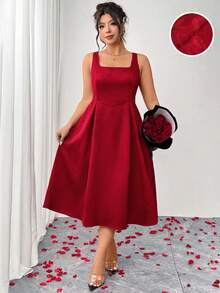 SHEIN Elenzya Plus Size Women's Elegant Red Satin Dress, Summer Sleeveless Slim Wedding Outfits, Valentine's Day - Red - View 1