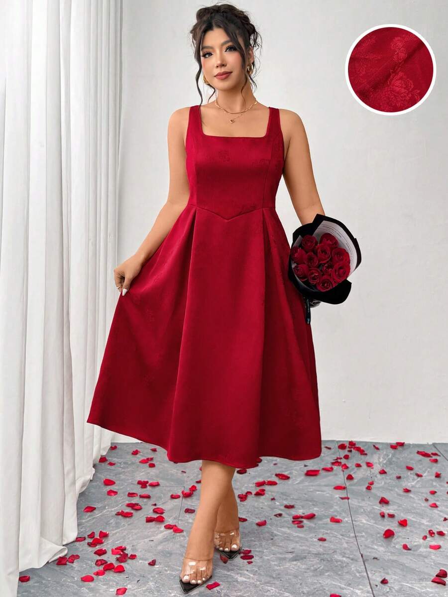 SHEIN Elenzya Plus Size Women's Elegant Red Satin Dress, Summer Sleeveless Slim Wedding Outfits, Valentine's Day - Red - View 1
