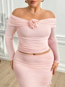 Truni 女士秋季服装，冬季加大码优雅纯色3D花卉装饰露肩T恤 - 粉色 - 查看 6