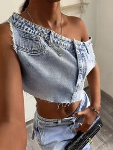 StreetHx Áo sơ mi denim nữ màu trơn thời trang dáng bất đối xứng - Rửa nhẹ - Xem 6