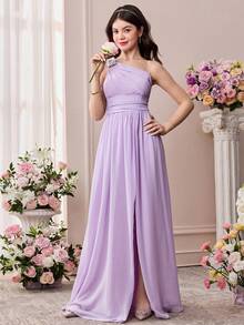 Pitira Teen Girl Purple Pearl Chiffon One-Shoulder Elegant Long Dress Purple Dress Elegant 15yr Old Lavender Dress Teen Light Purple Dress Bridesmaid Dress For Girls In Lavander - Purple - View 1