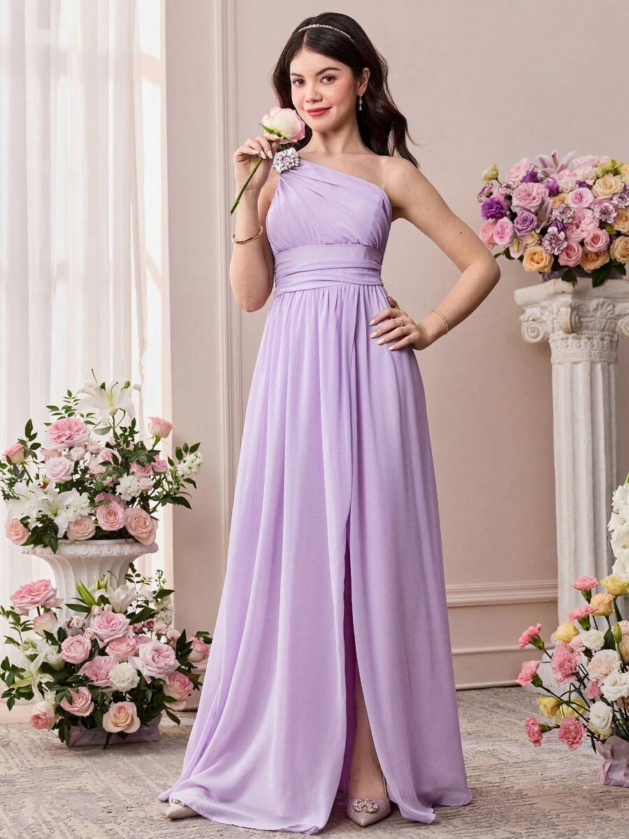 Pitira Teen Girl Purple Pearl Chiffon One-Shoulder Elegant Long Dress Purple Dress Elegant 15yr Old Lavender Dress Teen Light Purple Dress Bridesmaid Dress For Girls In Lavander - Purple - View 1