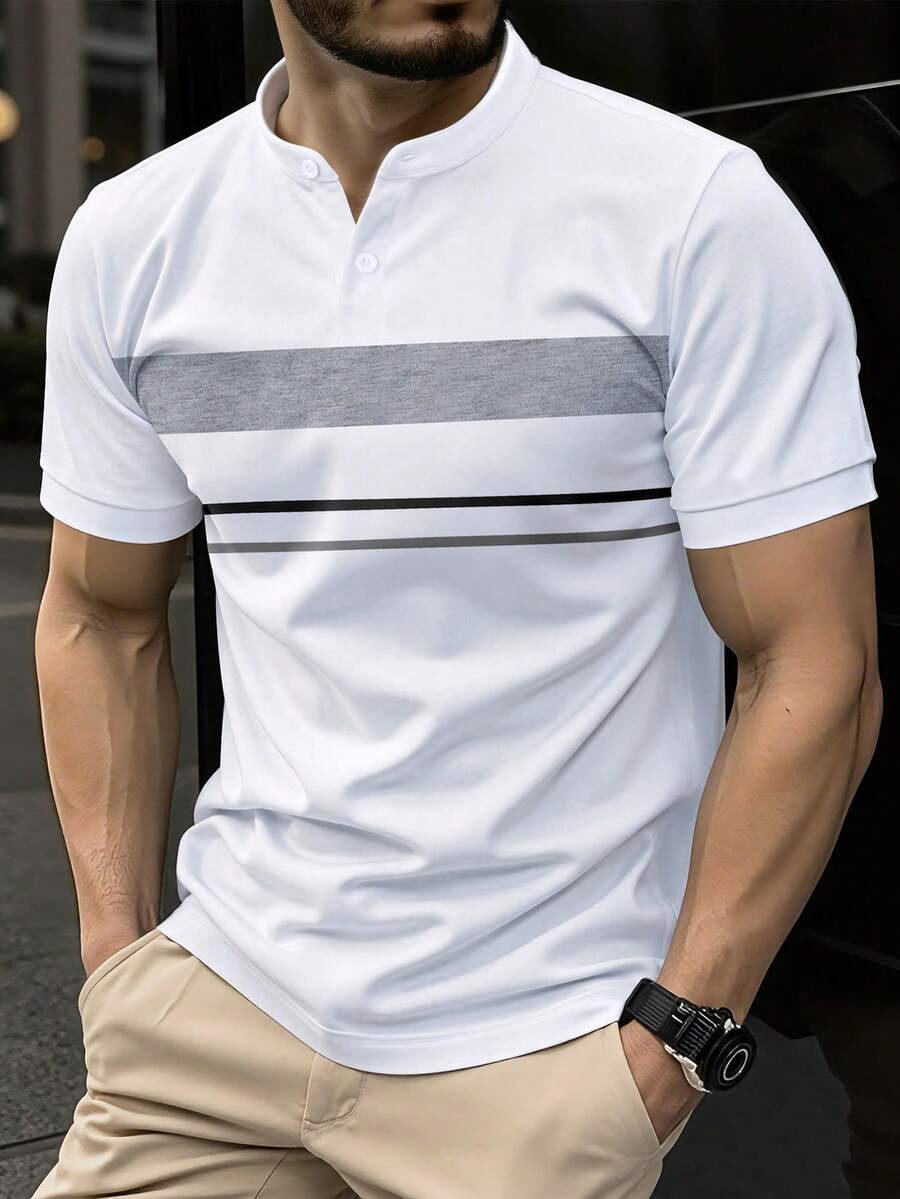 Manfinity Mode 男士经典立领休闲Polo衫，男士T领T恤，男士夏季服装，男士高尔夫球衫，男士短袖T恤，适合周末旅行、户外活动、探险旅行、轻松的工作环境或半正式场合，可作为男友/丈夫礼物、周年纪念/生日礼物、派对、暑假、新年、婚礼、情人节等场合穿着。 - 白色 - 查看 1