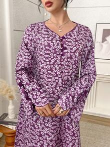 女士印花长袖土耳其长裙和阿拉伯传统长袍 - 中紫紅色 - 查看 3