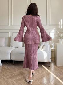 Modelyn Conjunto de 2 piezas de suéter de manga de campana de unicolor casual y falda de punto para mujer, otoño/invierno - Rosa - Ver 5