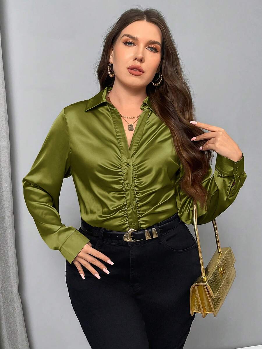 Firerie 大码优雅纯色褶皱设计衬衫，派对服饰 - 綠色 - 查看 1