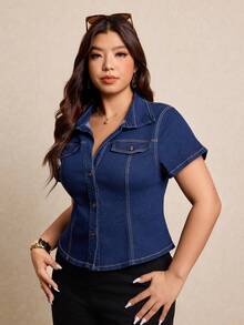 Elaquor 大码女式弹力腰牛仔短袖衬衫 - 深色水洗藍 - 查看 6